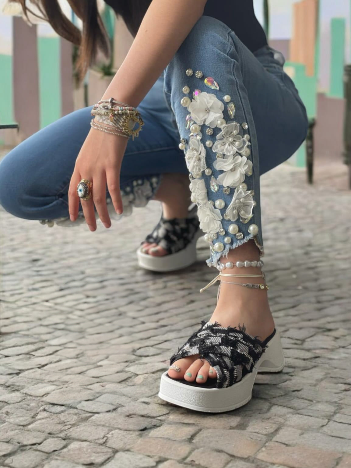 Sandalias de Plataforma Brillantes Mezclilla Razgada Modelo Brillo