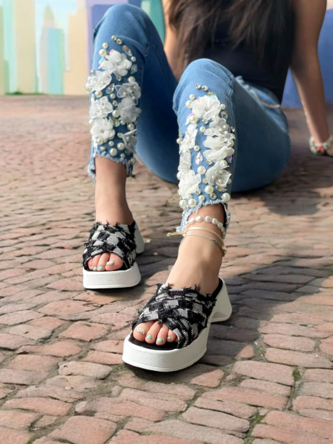 Sandalias de Plataforma Brillantes Mezclilla Razgada Modelo Brillo